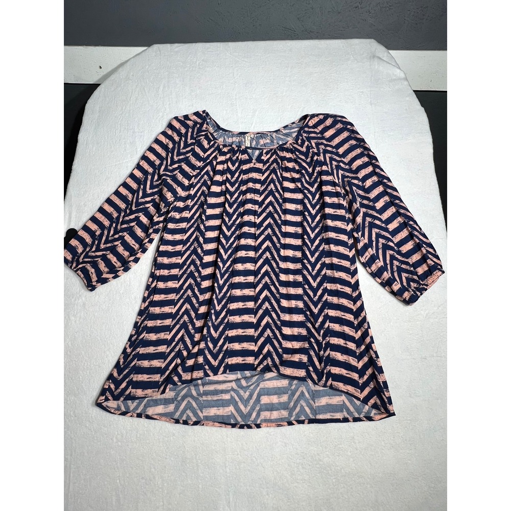 Red Camel Womens Navy Peach Chevron Stripe Rayon Blouse 3/4 Sleeve Top Large
